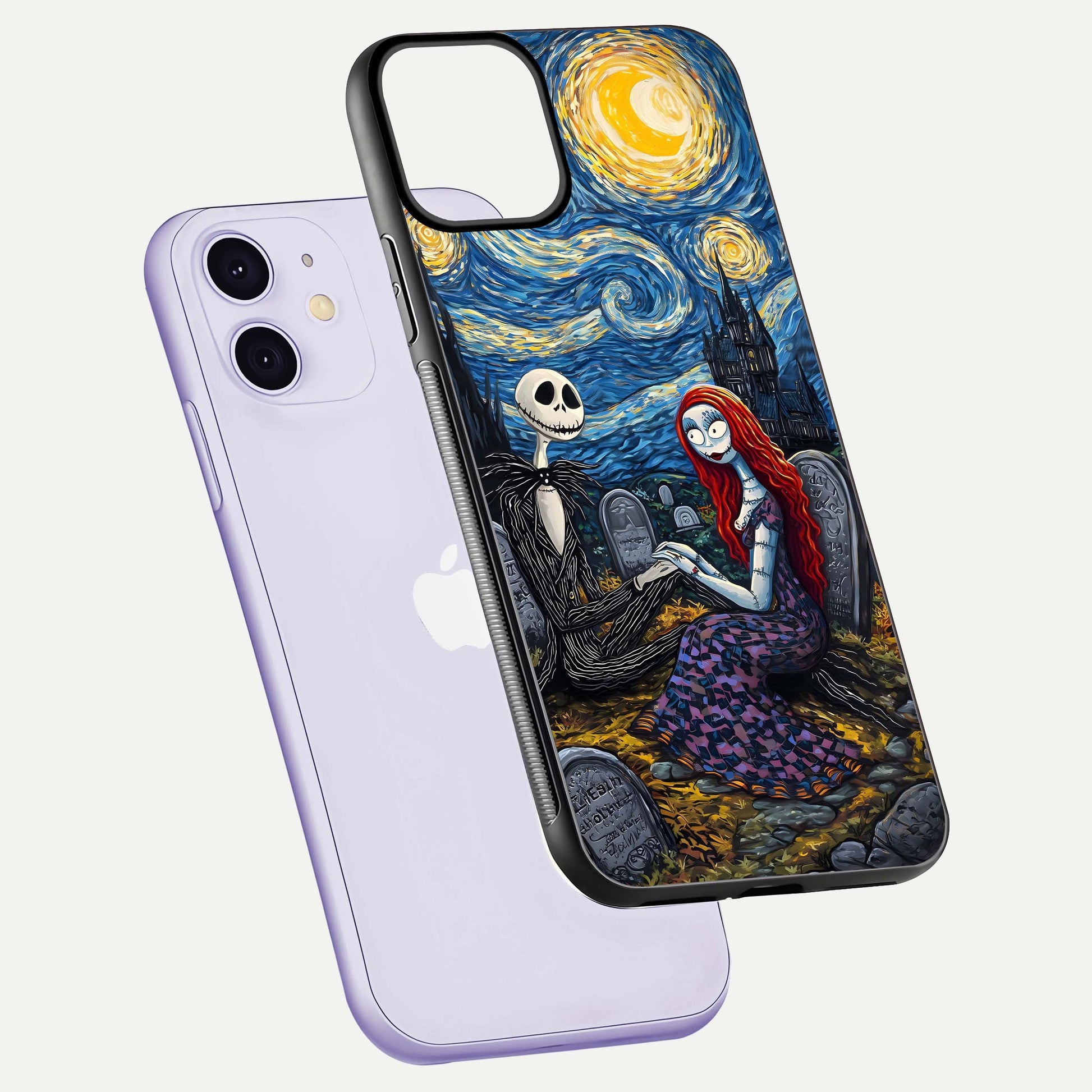 Eternal Night Love Glass Case for iPhone 11 floating mockup showing gloss brightness and romantic vibe