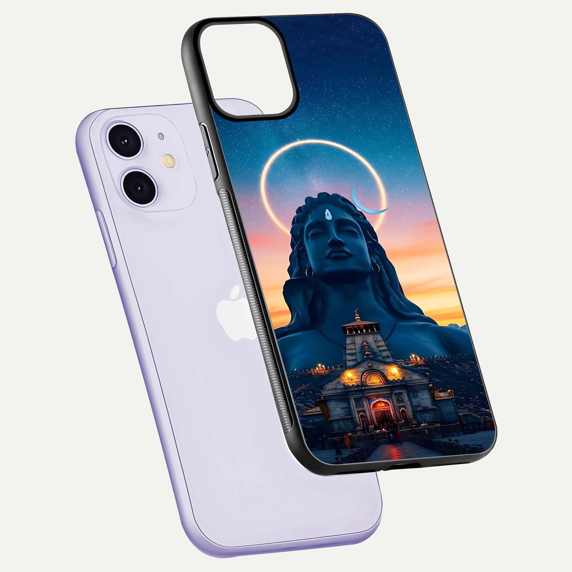 Eternal Shiva Aura Glass Case for iPhone 11 floating mockup showing gloss texture and spiritual glow