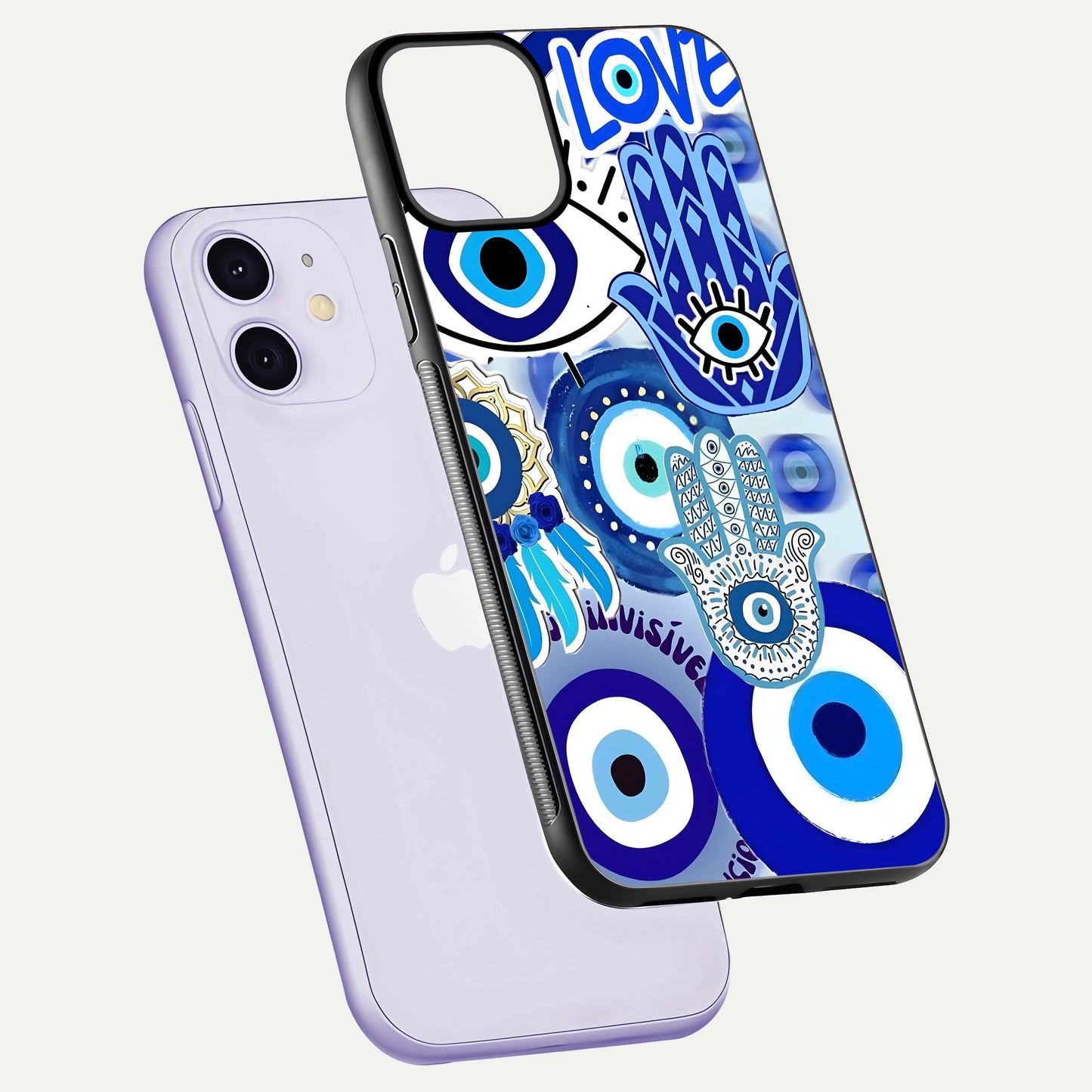 Evil Eyes Dream Glass Case for iPhone 11 floating mockup showing glossy shine and elegant pattern clarity