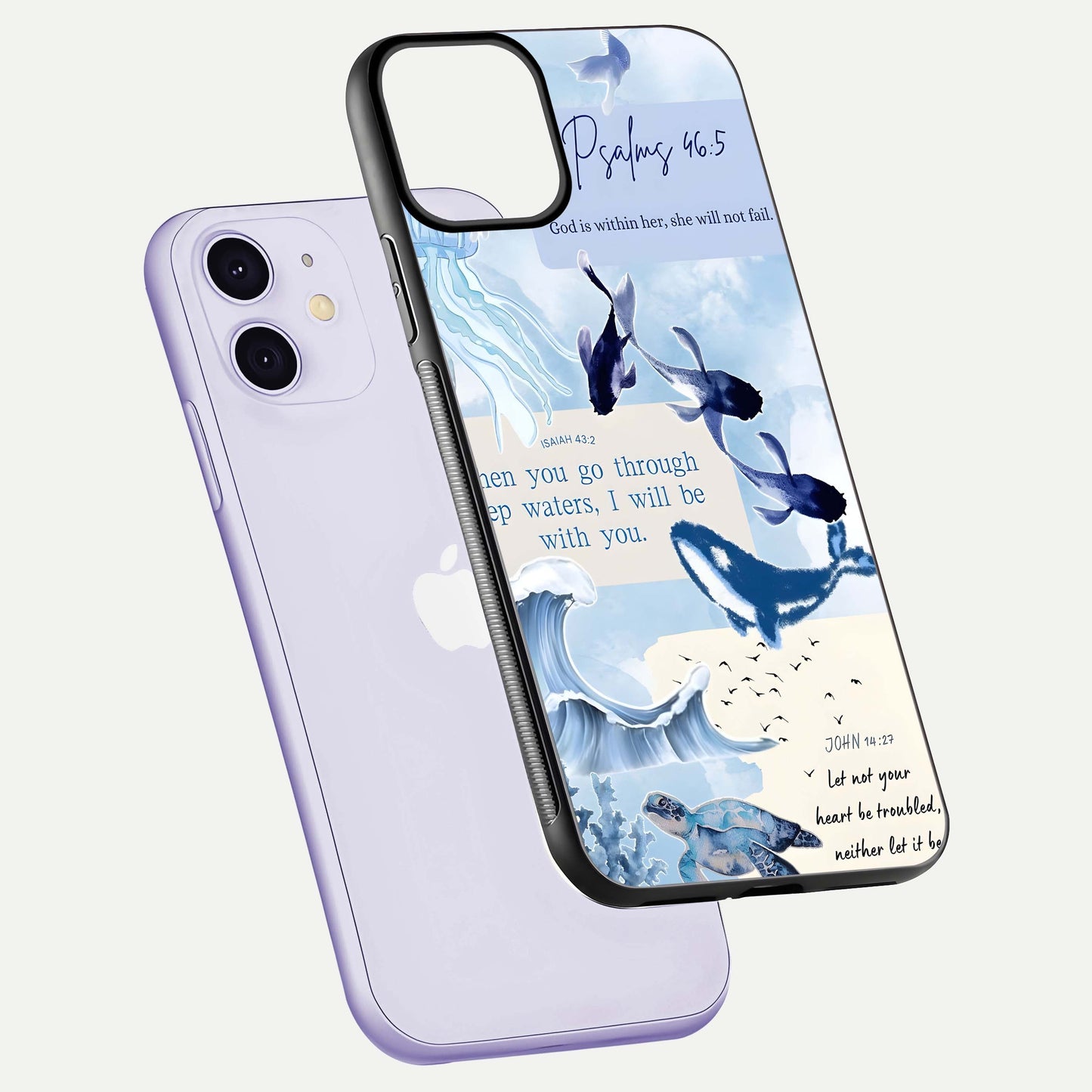 Faithful Ocean Promise Glass Case for iPhone 11 floating mockup displaying glossy surface and vivid depth