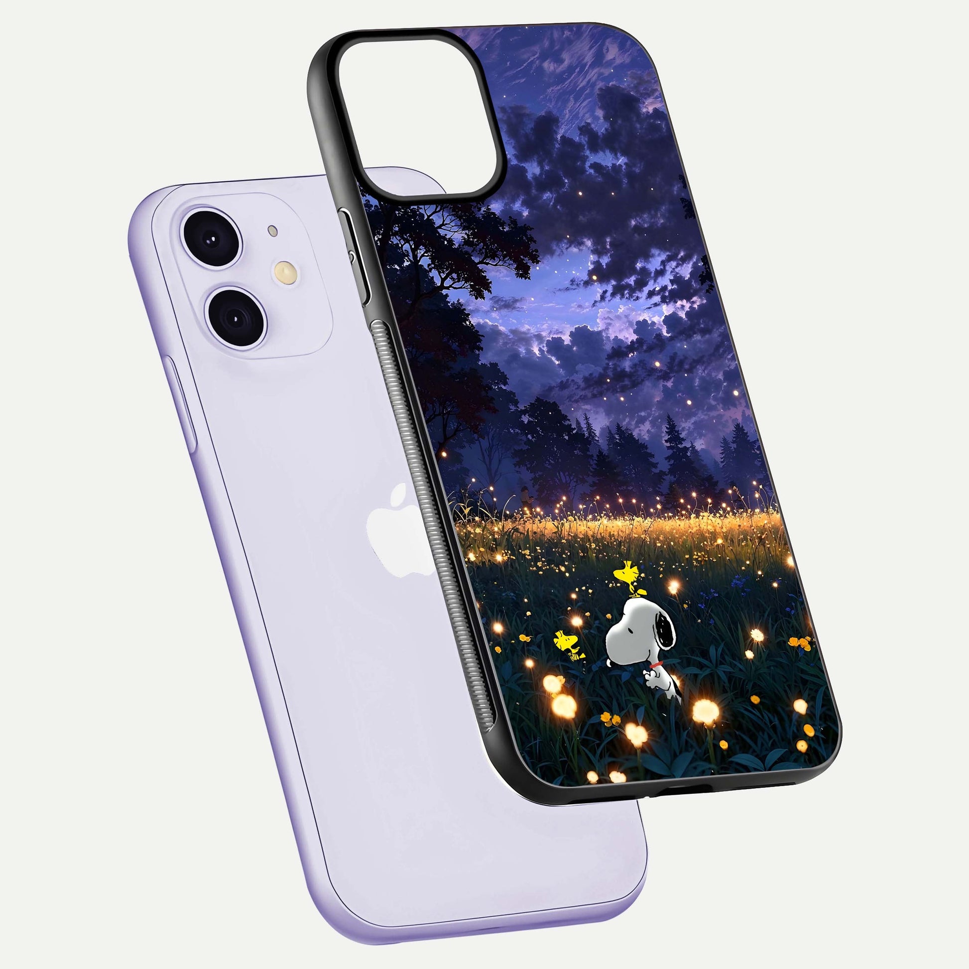 Firefly Meadow Magic Glass Case for iPhone 11 floating mockup showing gloss polish and magical night hues