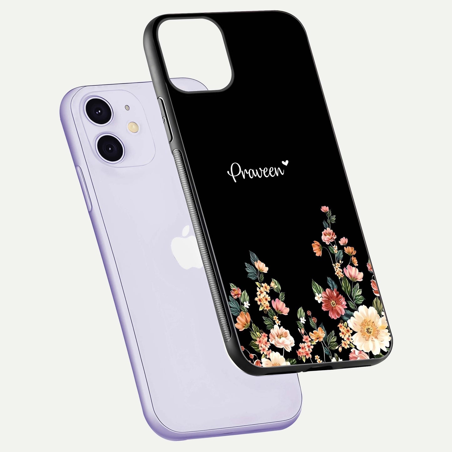 Floral Design Personalized Custom Name Glass Case for iPhone 11 floating mockup showing reflection polish and vivid colors
