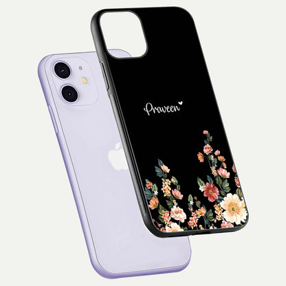 Floral Design Personalized Custom Name Glass Case for iPhone 11 floating mockup showing reflection polish and vivid colors