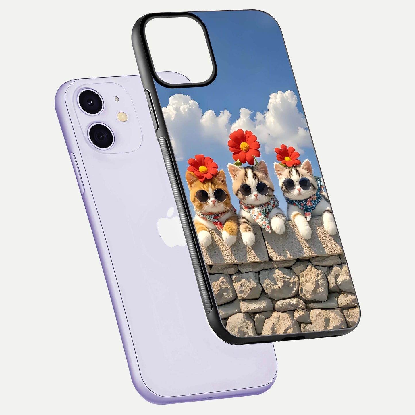 Floral Kitty Squad Glass Case for iPhone 11 floating mockup showing gloss texture and playful charm