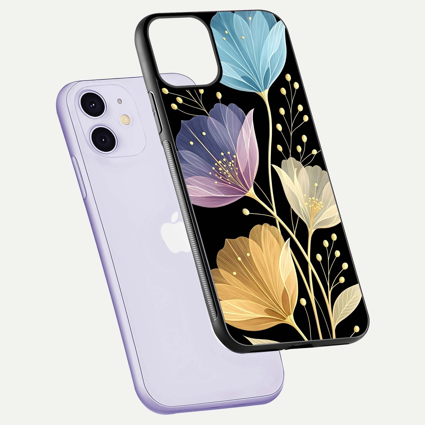Flower Bloom Glow Glass Case for iPhone 11 floating mockup showing HD shine and artistic detail