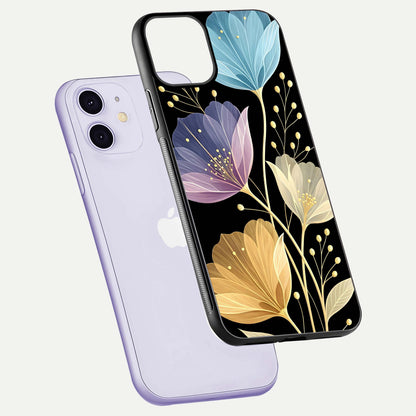 Flower Bloom Glow Glass Case for iPhone 11 floating mockup showing HD shine and artistic detail
