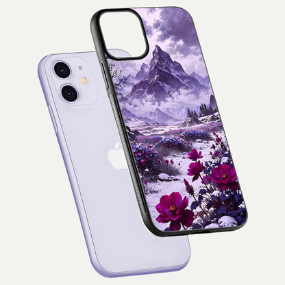 Flower Mountain View Glass Case for iPhone 11 floating mockup showing reflection glow and artistic clarity