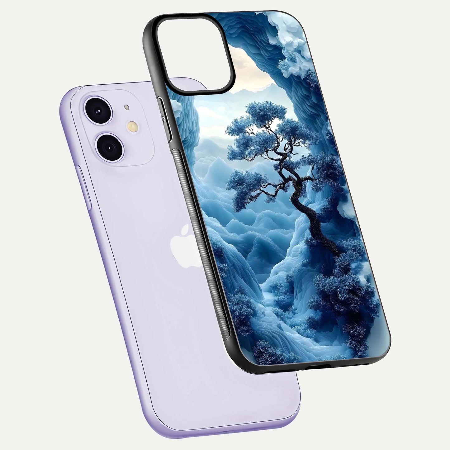 Frozen Serenity Gate Glass Case for iPhone 11 floating mockup showing glossy depth and crystal glow
