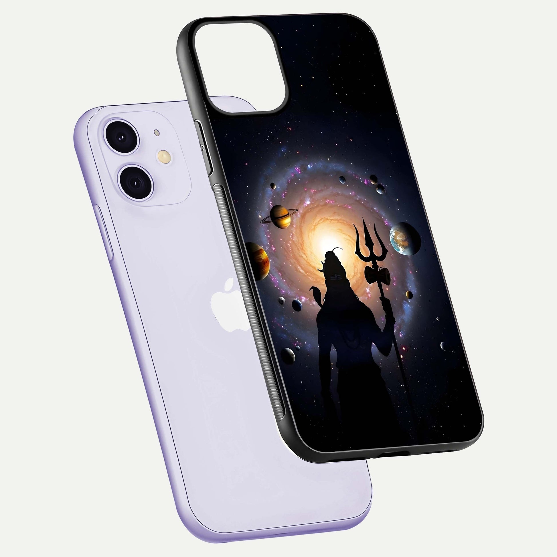 Galactic Shiva Vision Glass Case for iPhone 11 floating dual-view mockup displaying vibrant cosmic colors and smooth gloss texture