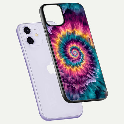 Galactic Spiral Burst Glass Case for iPhone 11 floating dual-view mockup displaying light trails and smooth gloss shine