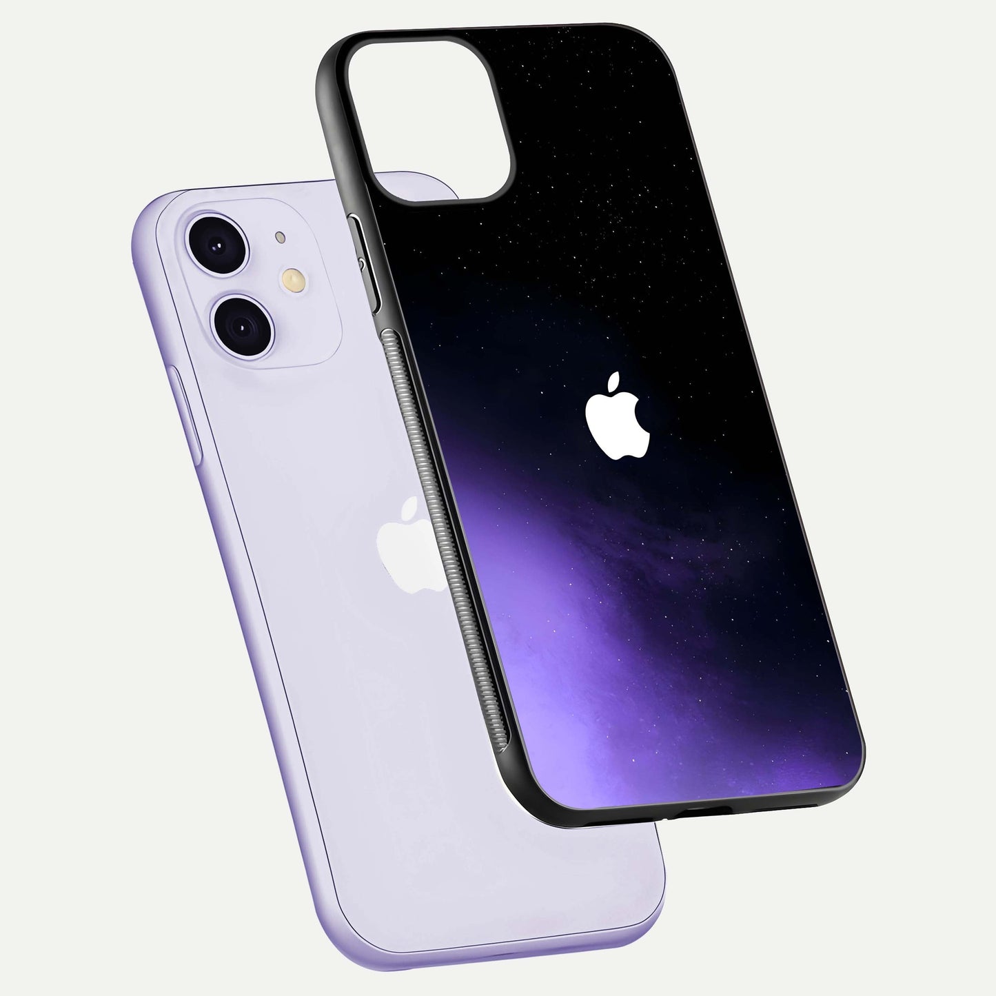 Galaxy Apple Aura Glass Case for iPhone 11 floating dual-view mockup highlighting HD gloss and deep space color blend