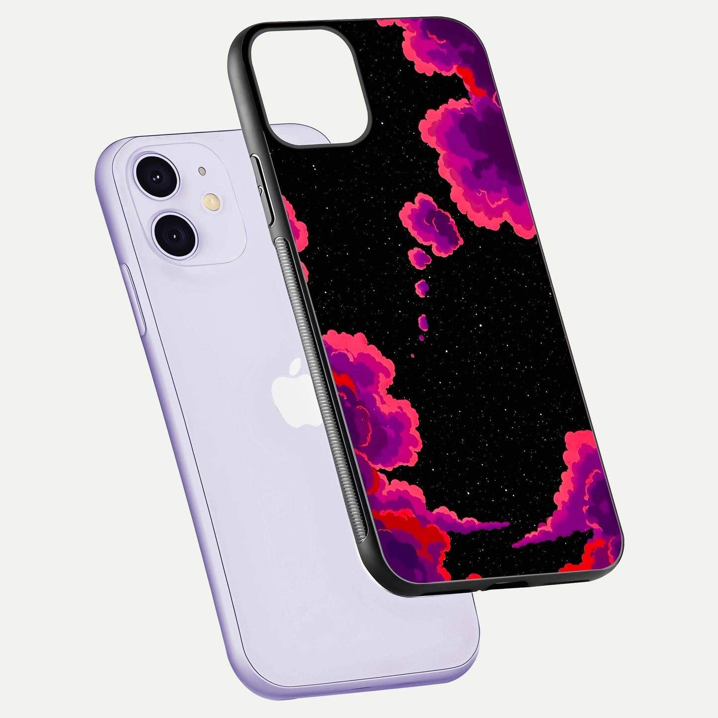 Galaxy Dream Frame Glass Case for iPhone 11 floating dual-view mockup showing vibrant gloss and space-themed tones