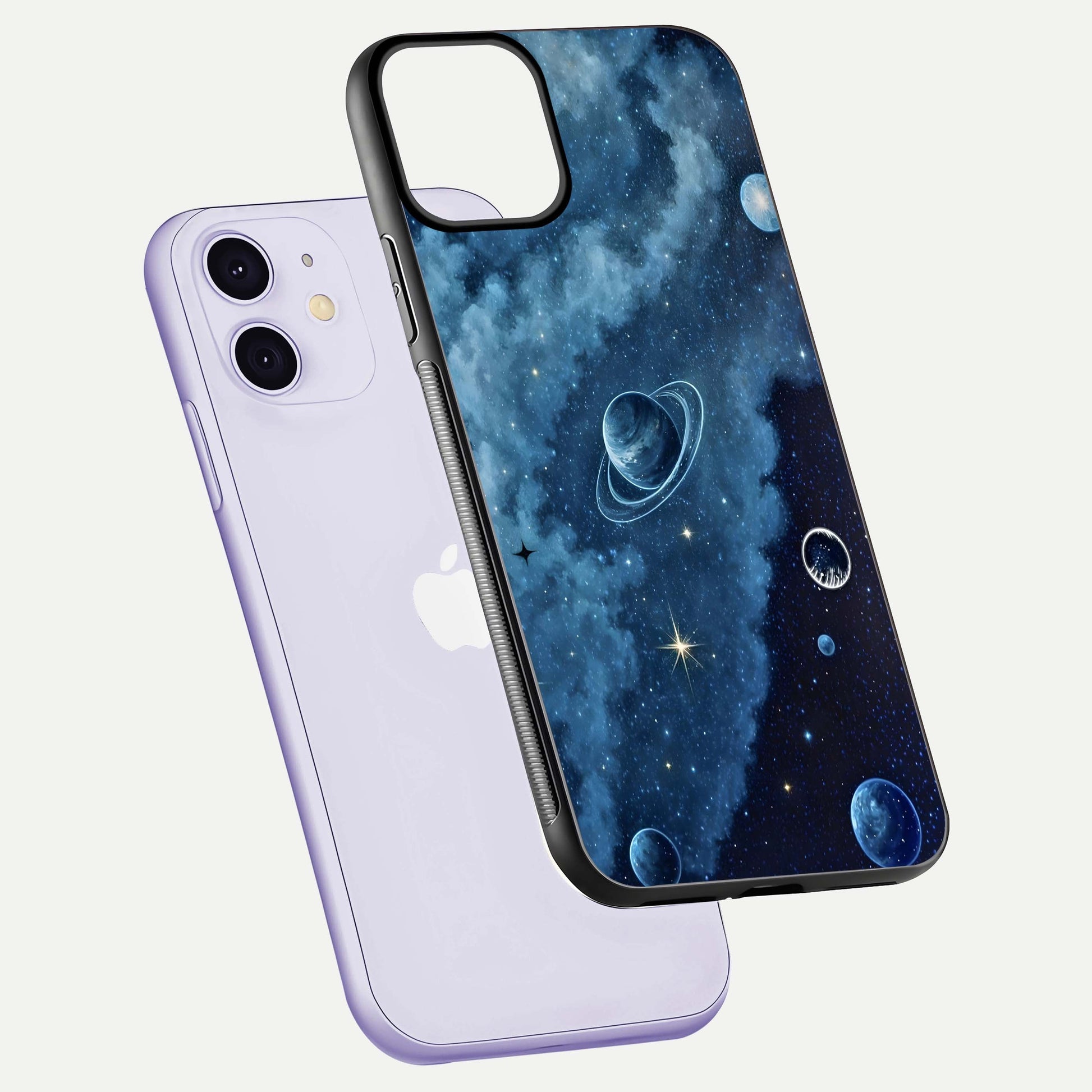 Galaxy Dream Space Glass Case for iPhone 11 floating dual-view mockup showing glossy finish and celestial depth