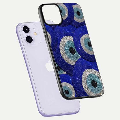 Galaxy Eye Flow Glass Case for iPhone 11 floating dual-view mockup showing gloss polish and glowing tones