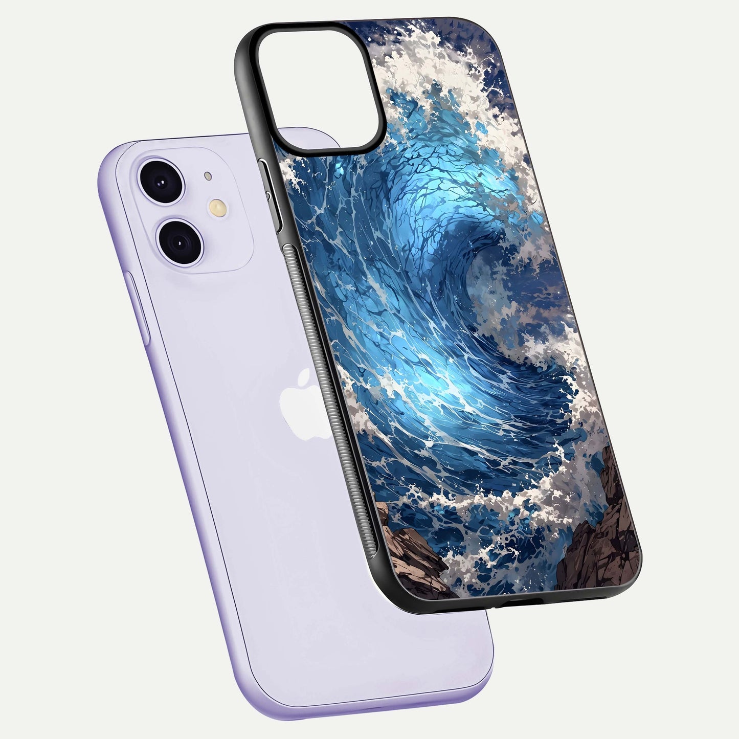 Giant Ocean Wave Glass Case for iPhone 11 floating dual-view mockup showing glossy depth and aquatic blue gradient