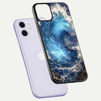 Giant Ocean Wave Glass Case for iPhone 11 floating dual-view mockup showing glossy depth and aquatic blue gradient