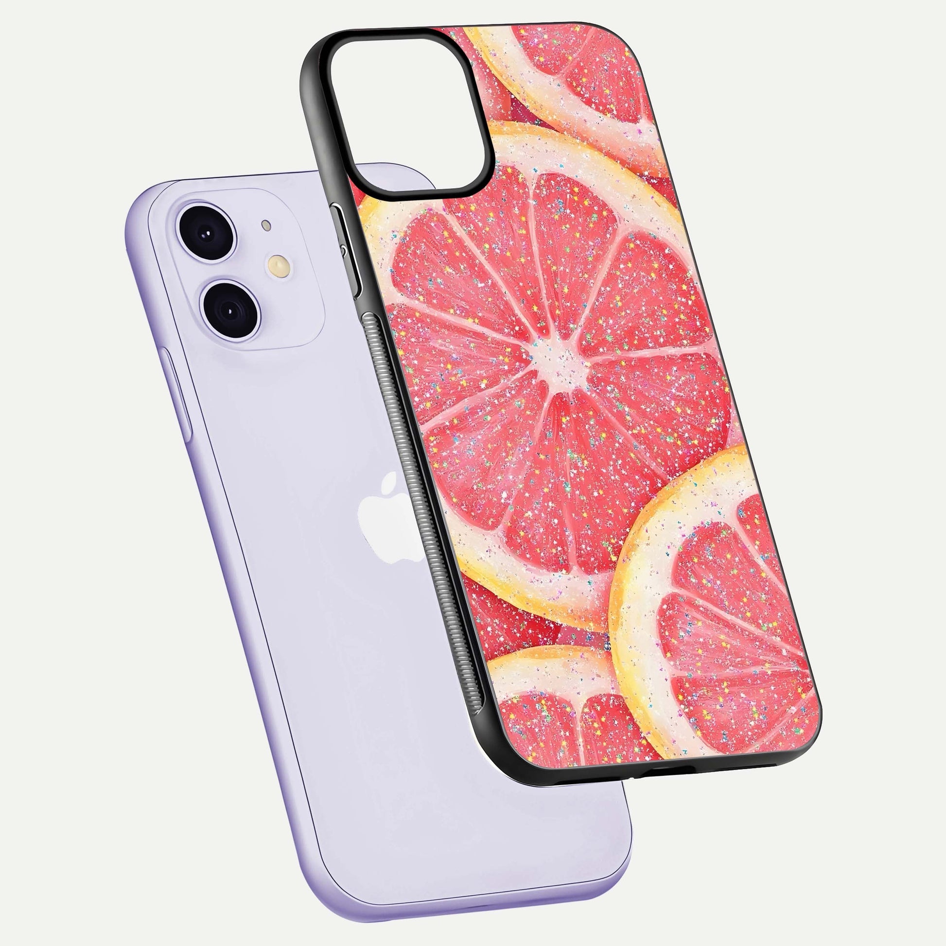 Glitter Grapefruit Glass Case for iPhone 11 floating dual-view mockup showing HD gloss and fresh color detail