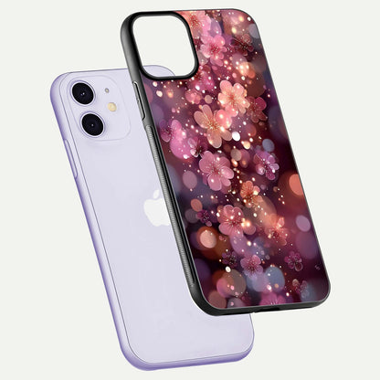 Glowing Petal Bliss Glass Case for iPhone 11 floating dual-view mockup showing gloss brightness and delicate tone