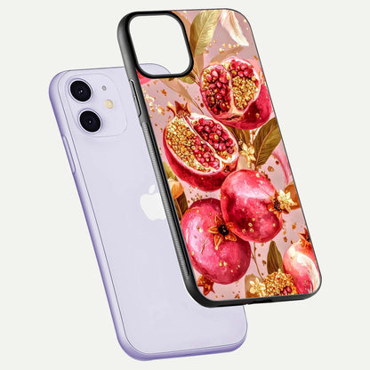 Golden Bloom Glow Glass Case for iPhone 11 floating dual-view mockup showing glossy shine and golden shimmer