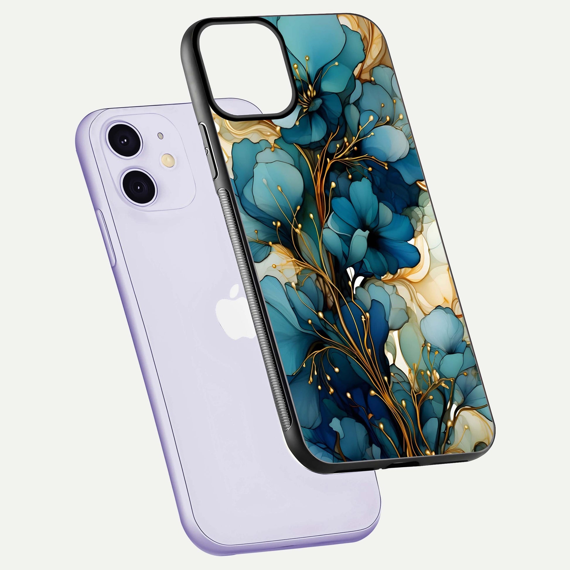 Golden Bloom Symphony Glass Case for iPhone 11 floating dual-view mockup displaying shine texture and luxury pattern