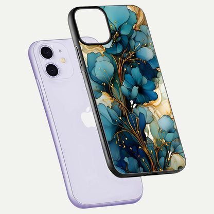 Golden Bloom Symphony Glass Case for iPhone 11 floating dual-view mockup displaying shine texture and luxury pattern