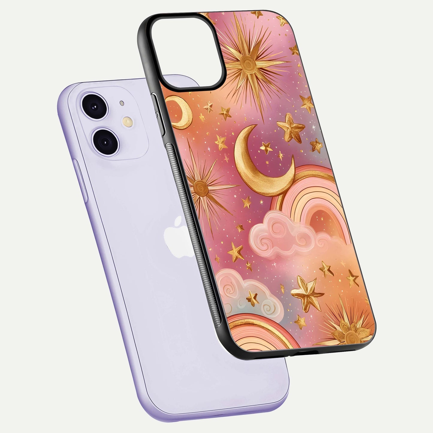 Golden Celestial Dreams Glass Case for iPhone 11 floating dual-view mockup showing gloss surface and dream-like glow