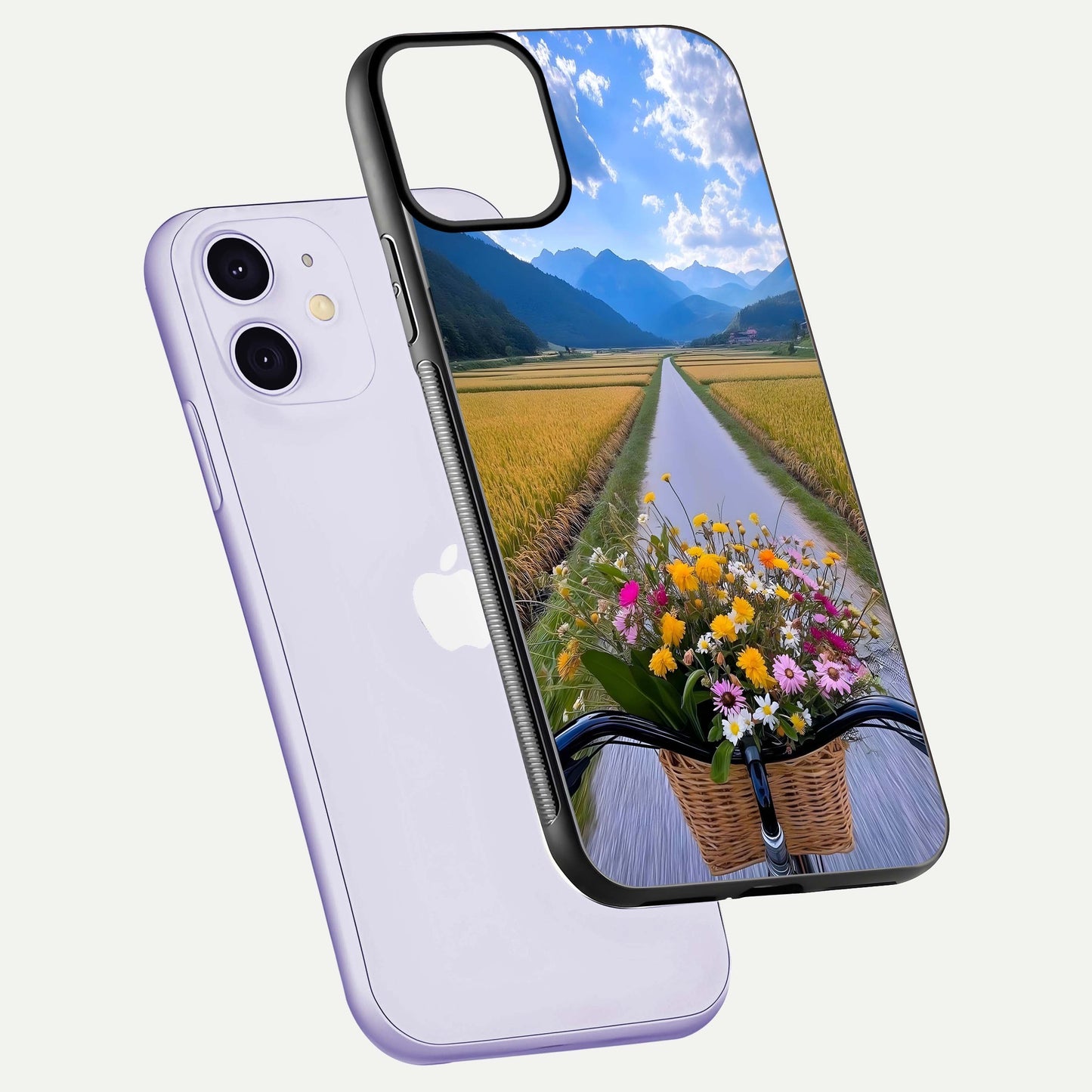 Golden Field Journey Glass Case for iPhone 11 floating dual-view mockup showing gloss surface and field depth