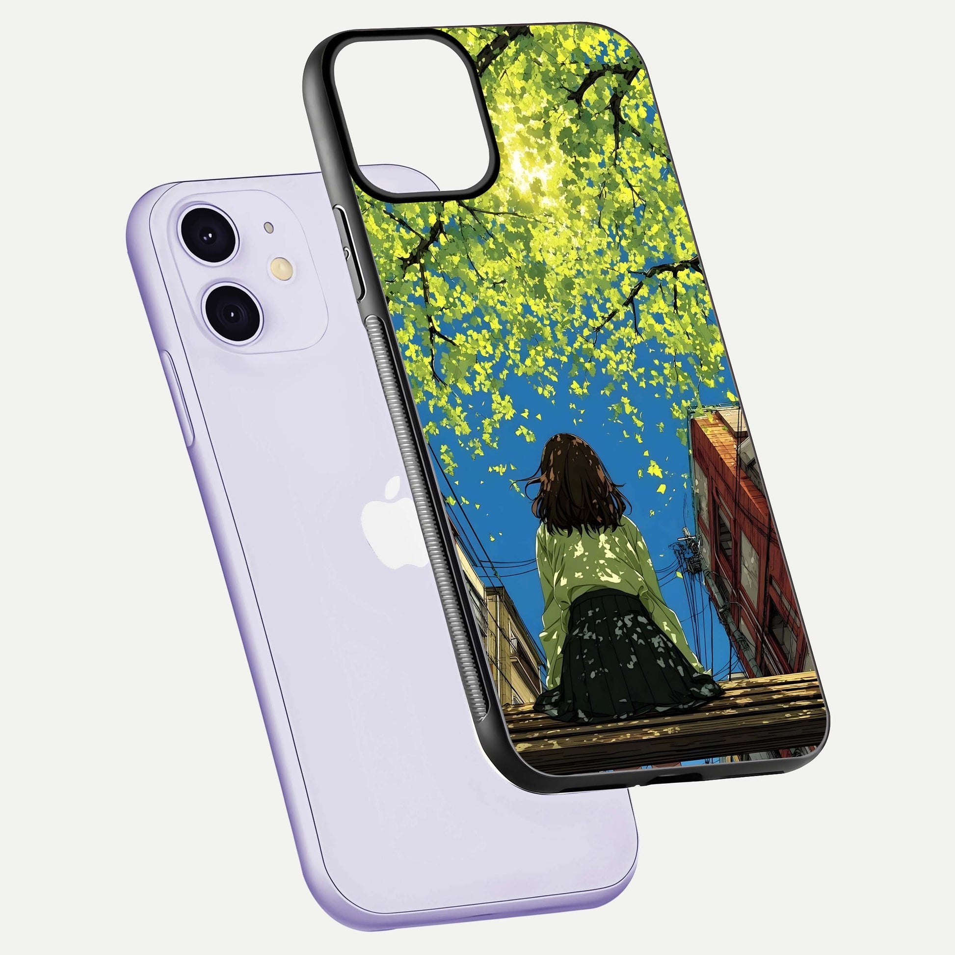 Golden Leaves Glow Glass Case for iPhone 11 floating dual-view mockup showing gloss depth and gold-leaf detail