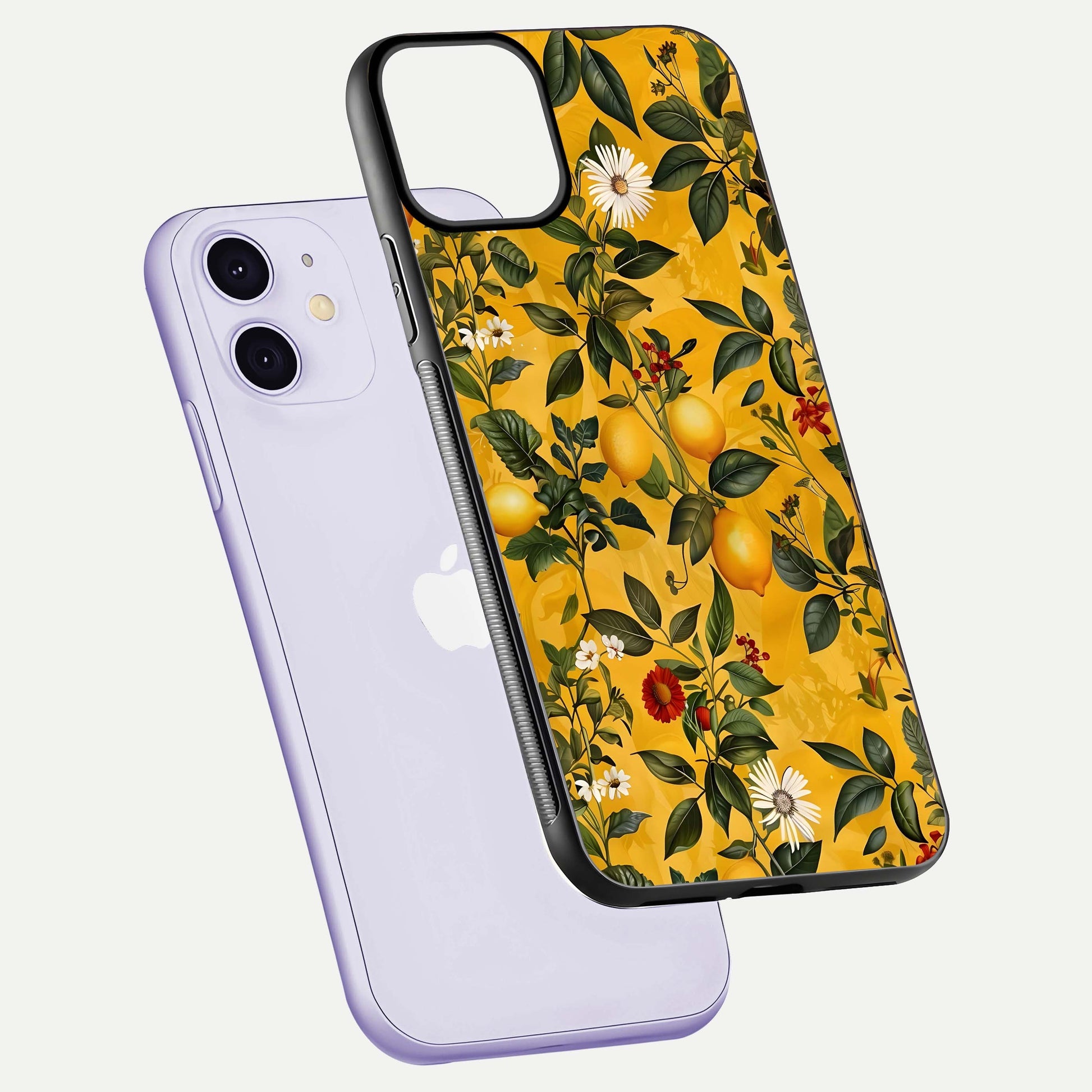 Golden Lemon Field Glass Case for iPhone 11 floating dual-view mockup showing gloss shine and yellow-gold palette