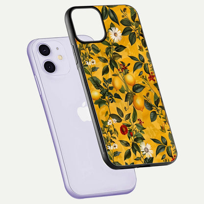 Golden Lemon Field Glass Case for iPhone 11 floating dual-view mockup showing gloss shine and yellow-gold palette