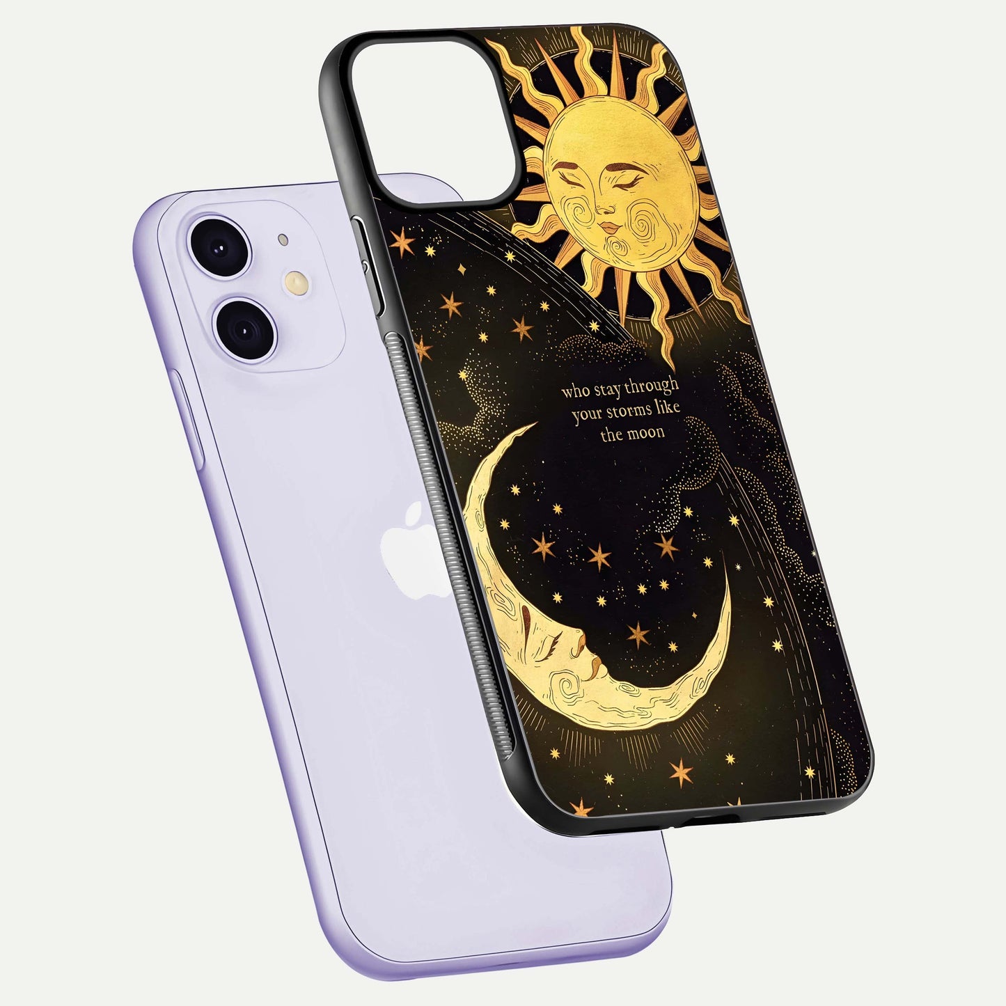 Golden Lunar Love Glass Case for iPhone 11 floating dual-view mockup showing glossy glow and romantic theme