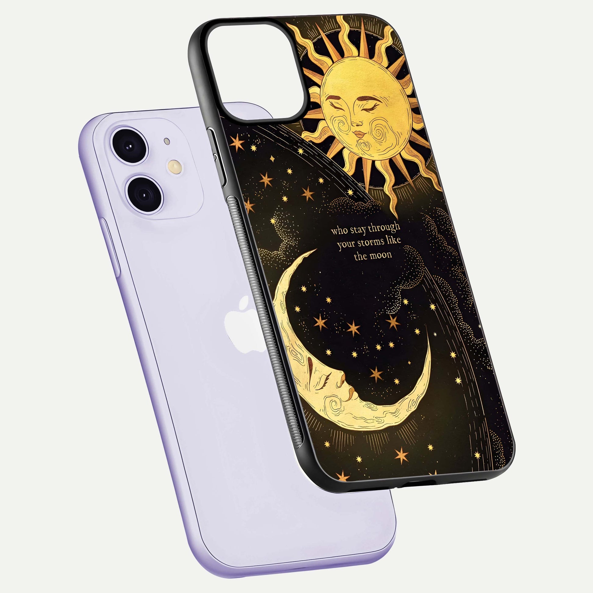 Golden Lunar Love Glass Case for iPhone 11 floating dual-view mockup showing glossy glow and romantic theme