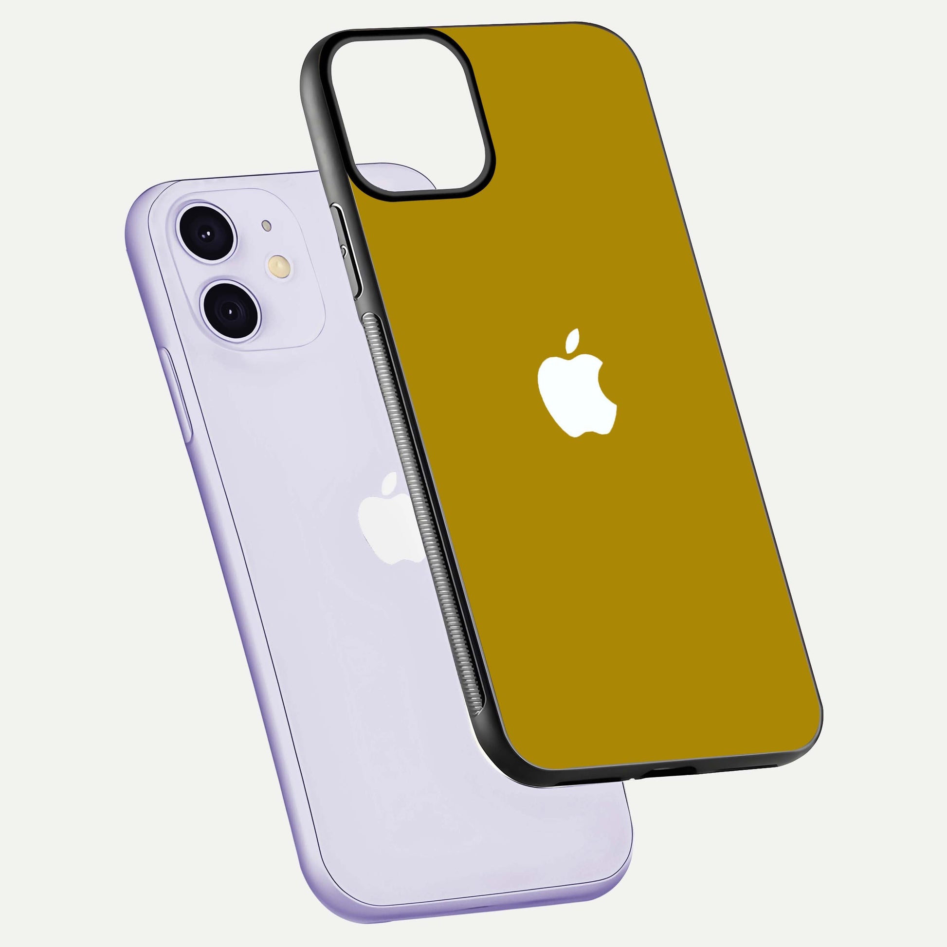 Golden Luxe Aura Glass Case for iPhone 11 floating dual-view mockup showing glossy texture and elegant gold gradient