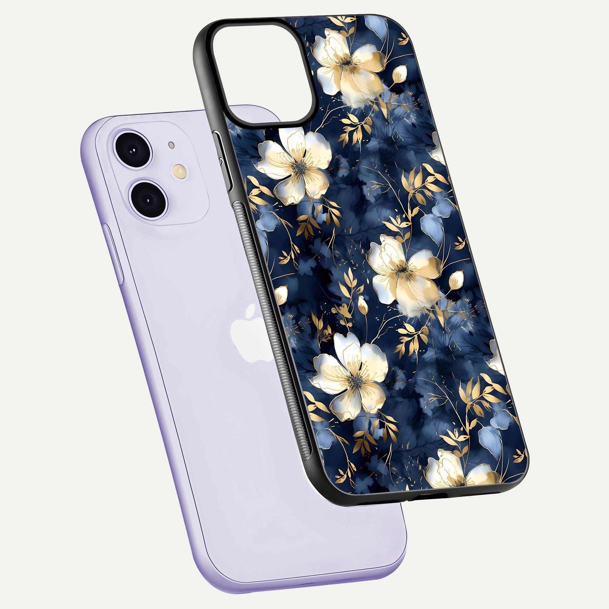 Golden Midnight Bloom Glass Case for iPhone 11 floating dual-view mockup showing gloss polish and metallic reflection