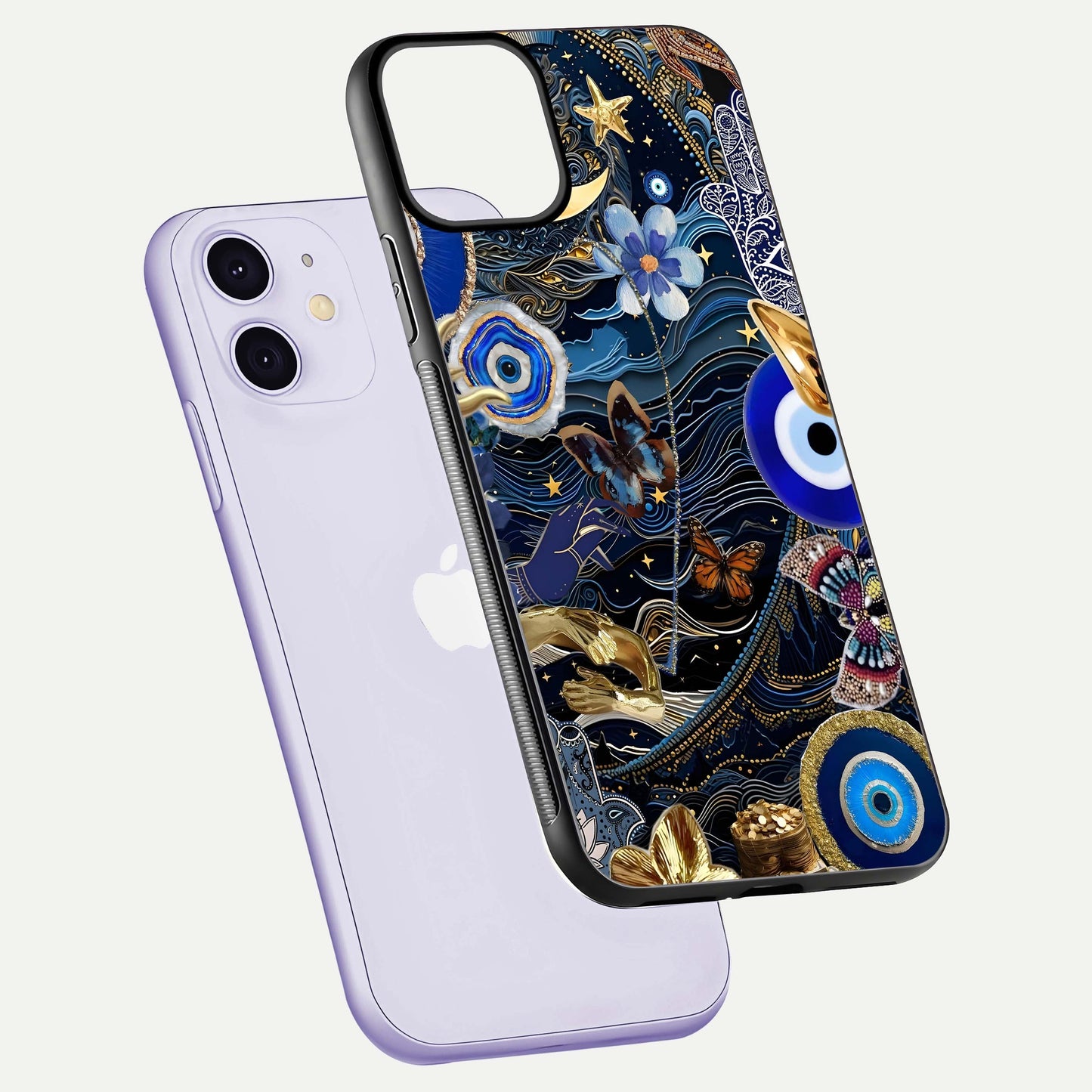 Golden Moon Magic Glass Case for iPhone 11 floating dual-view mockup showing gloss texture and golden illumination