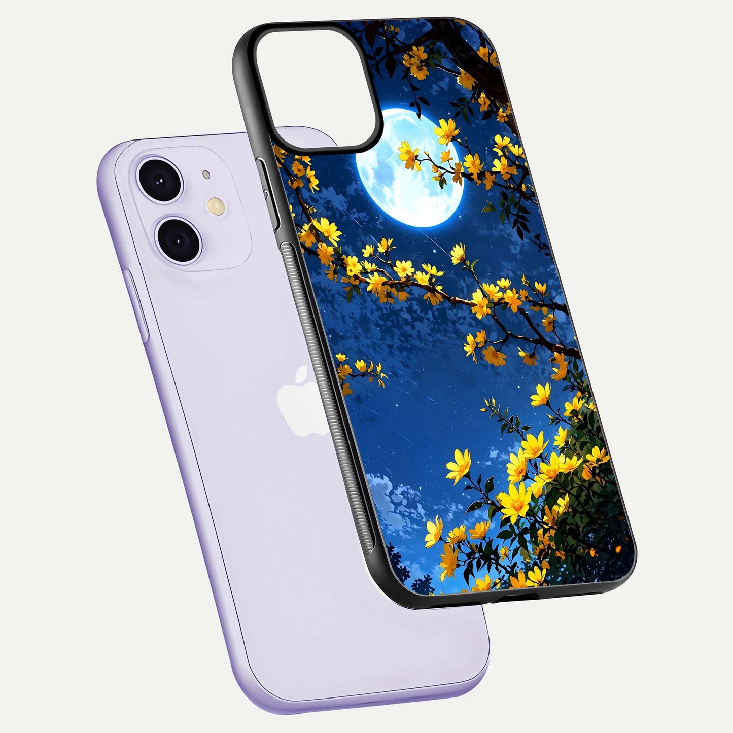 Golden Night Glow Glass Case for iPhone 11 floating dual-view mockup showing gloss polish and luxury shine