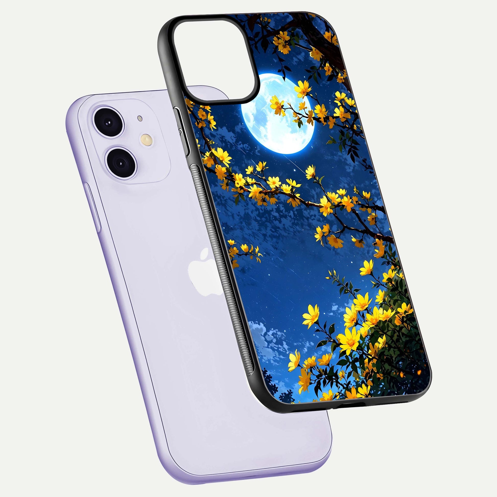 Golden Night Glow Glass Case for iPhone 11 floating dual-view mockup showing gloss polish and luxury shine