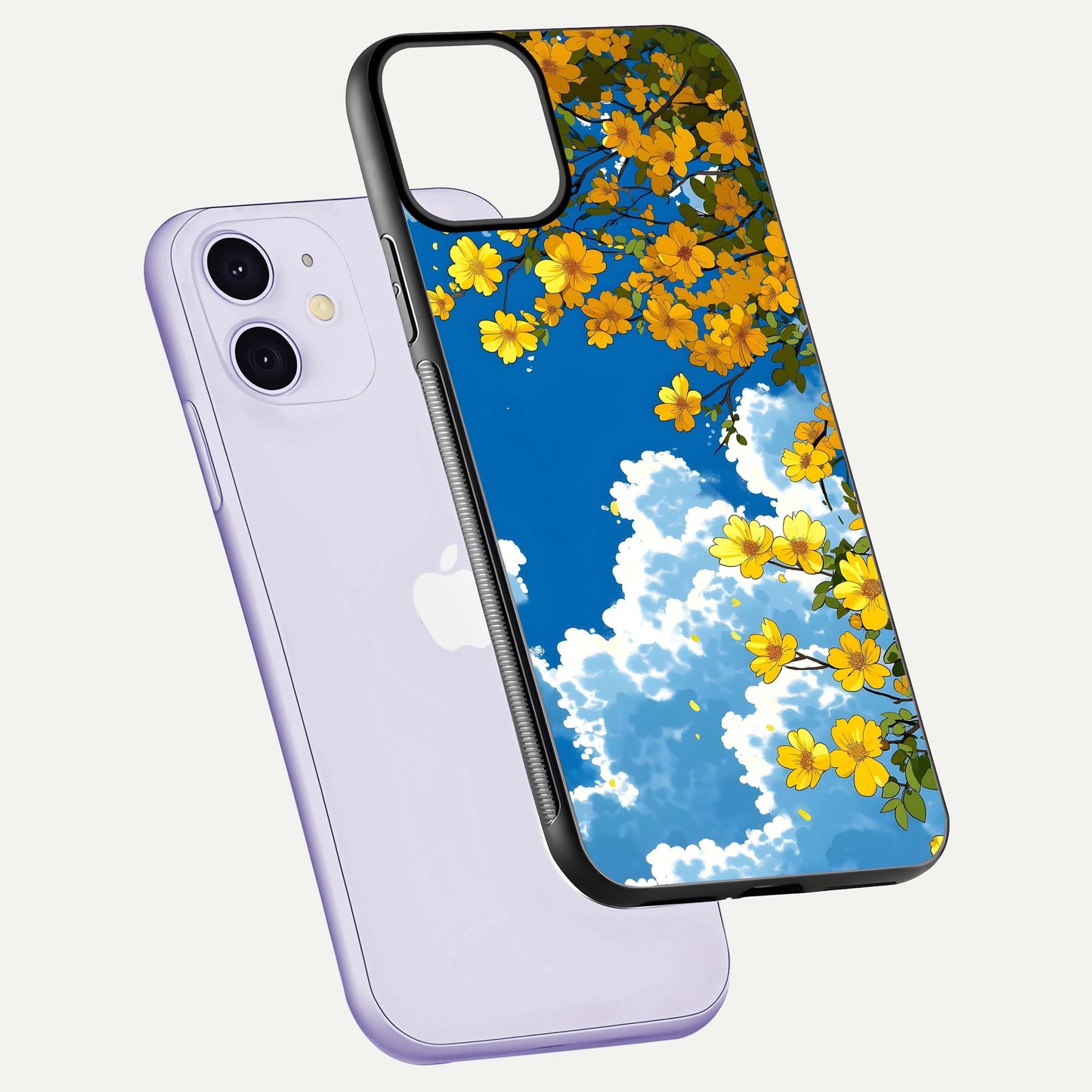 Golden Petal Sky Glass Case for iPhone 11 floating dual-view mockup showing gloss brilliance and gold detail