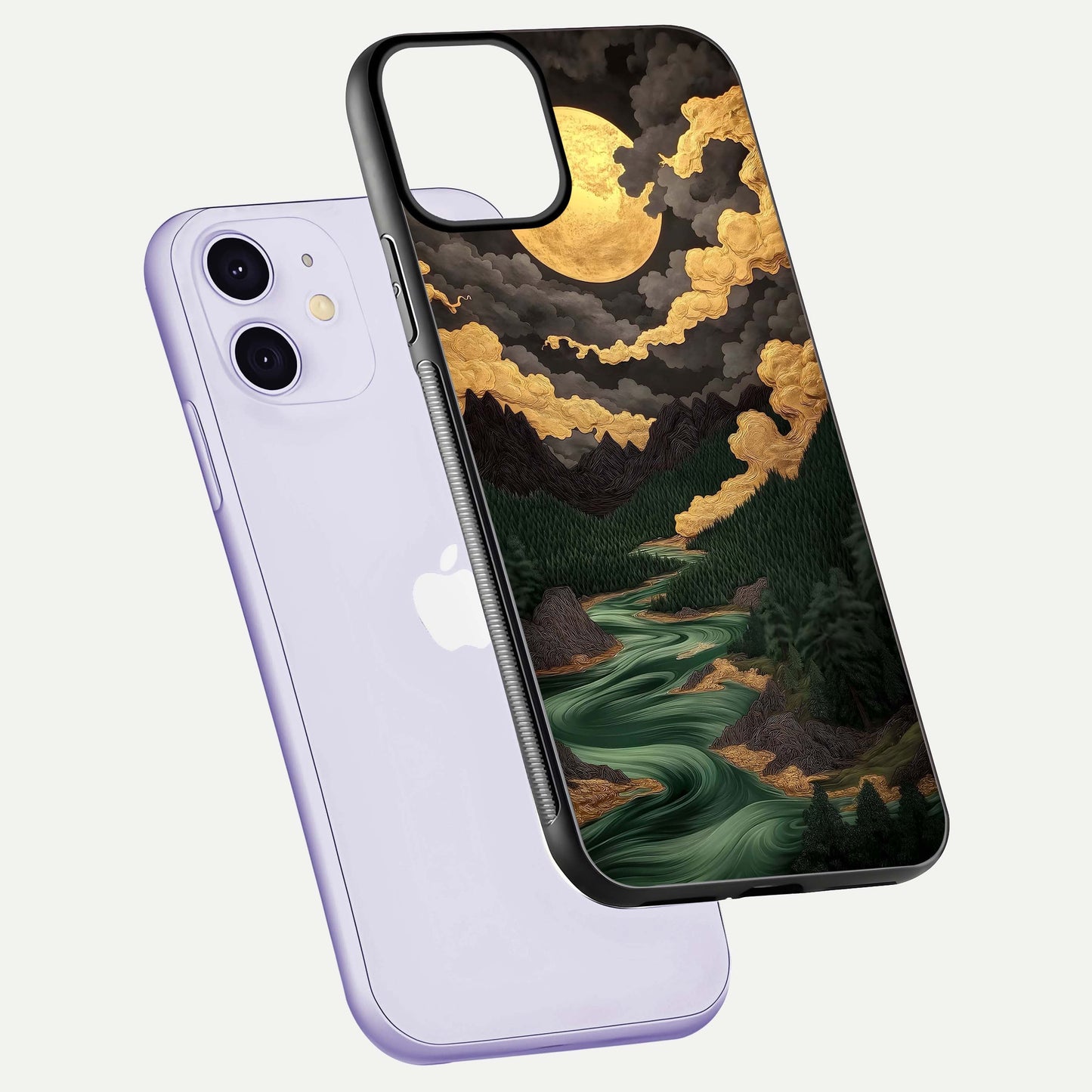 Golden River Moon Glass Case for iPhone 11 floating dual-view mockup showing gloss surface and luxury tone