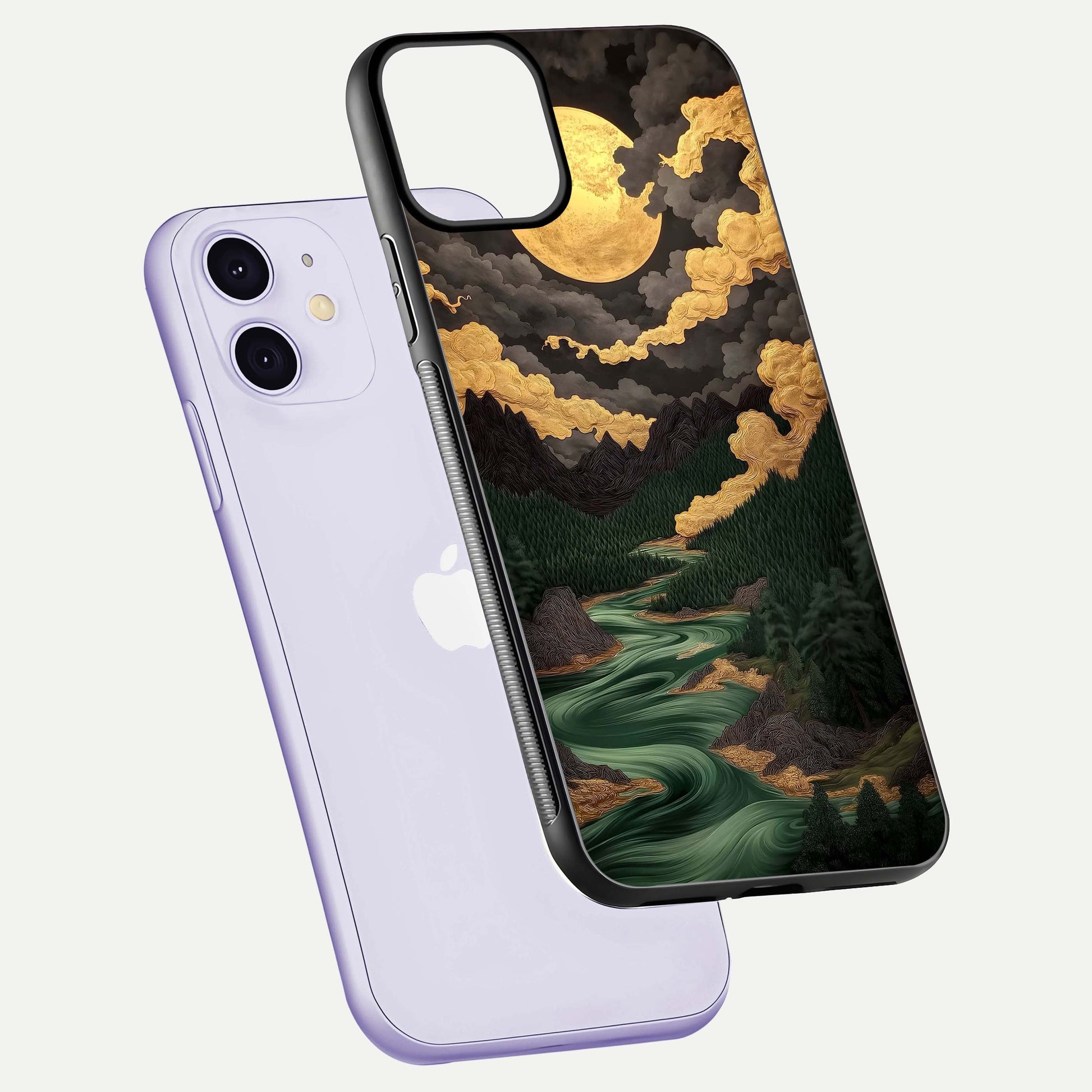 Golden River Moon Glass Case for iPhone 11 floating dual-view mockup showing gloss surface and luxury tone