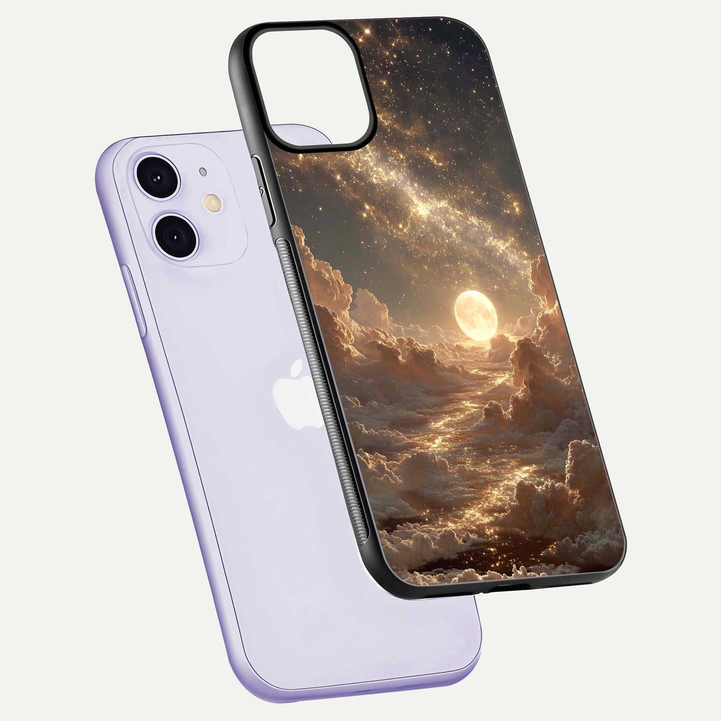 Golden Sky Dream Glass Case for iPhone 11 floating dual-view mockup showing gloss depth and elegant finish