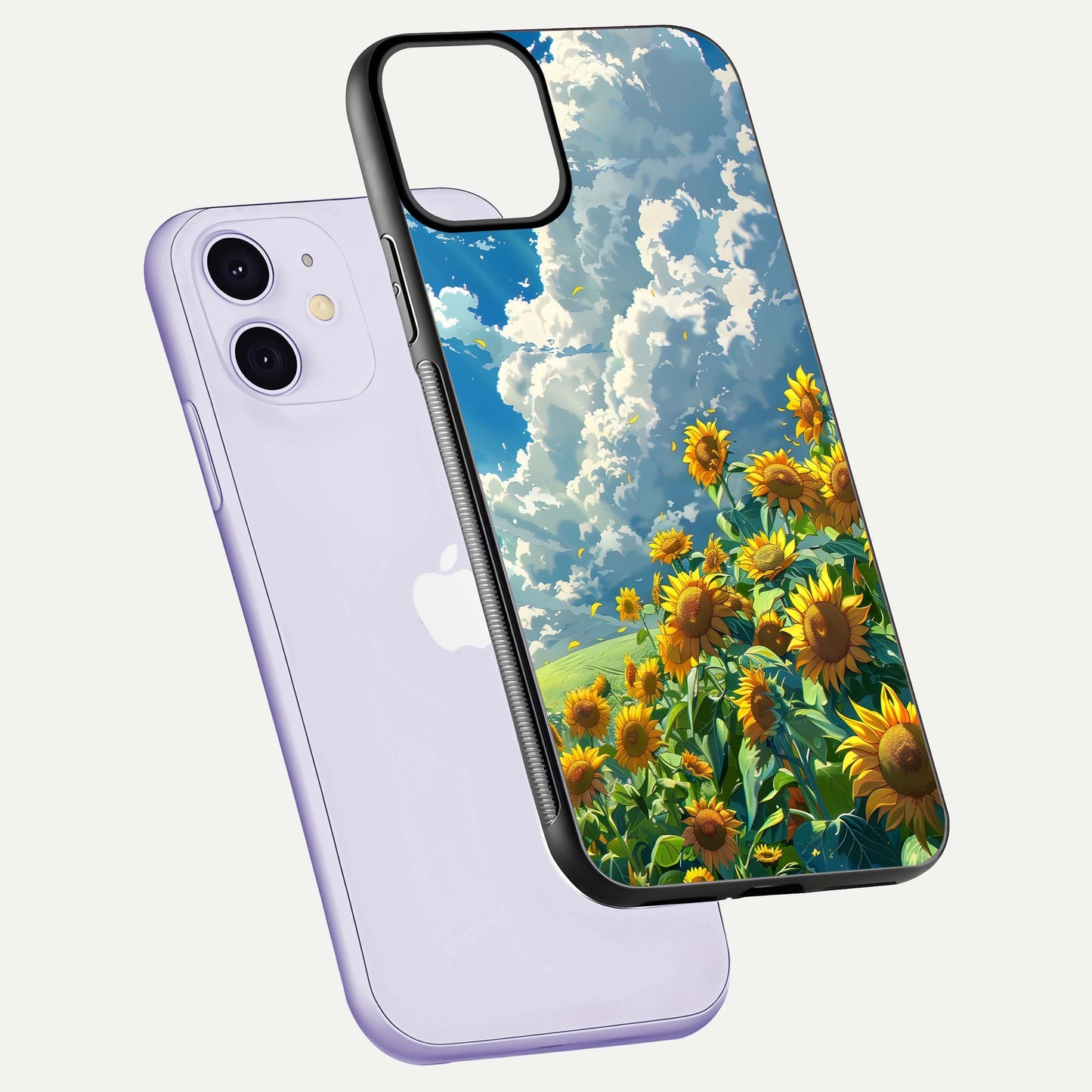 Golden Sun Glory Glass Case for iPhone 11 floating dual-view mockup showing gloss shine and premium surface