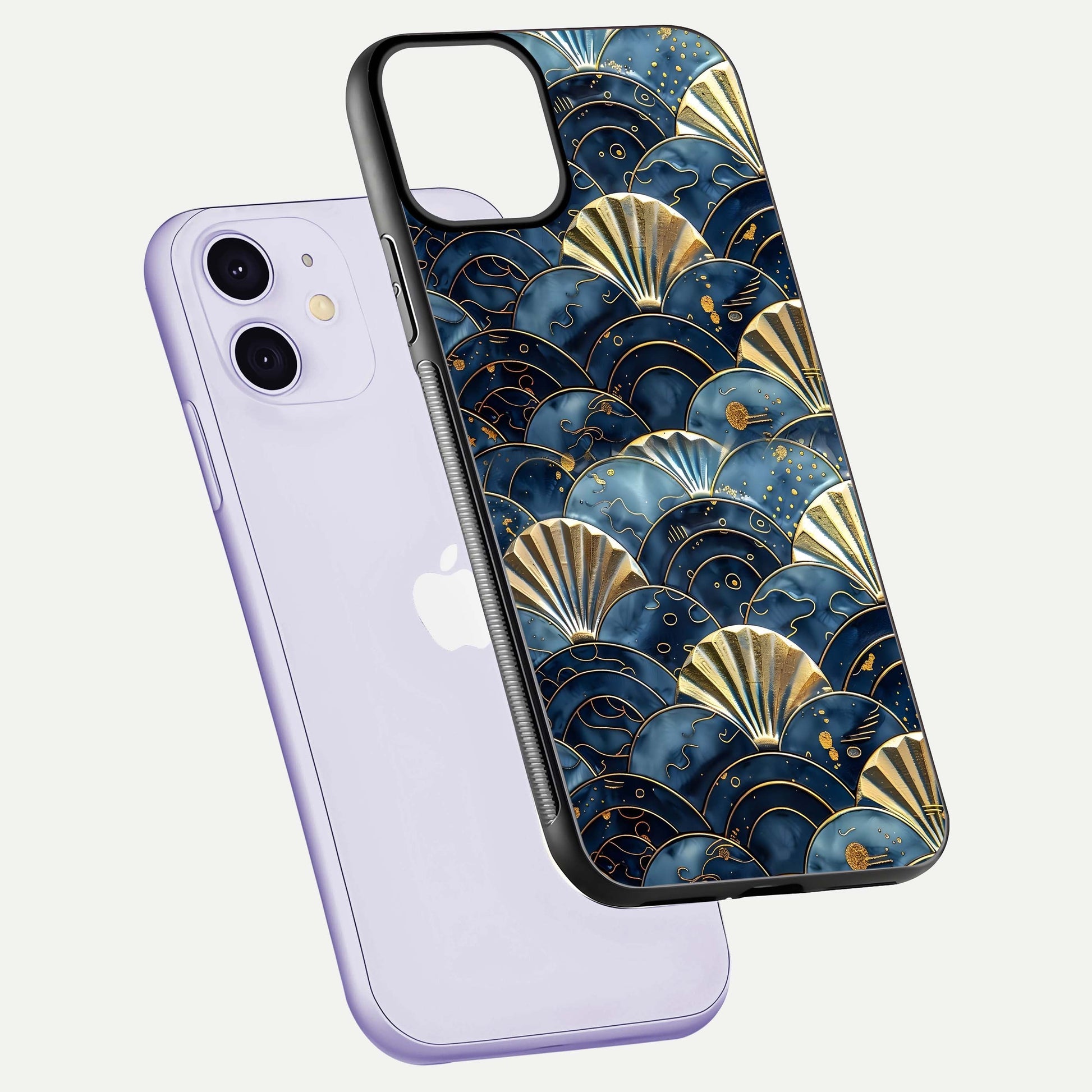 Golden Wave Luxe Glass Case for iPhone 11 floating dual-view mockup showing gloss surface and shimmering tones