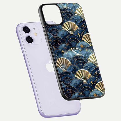 Golden Wave Luxe Glass Case for iPhone 11 floating dual-view mockup showing gloss surface and shimmering tones