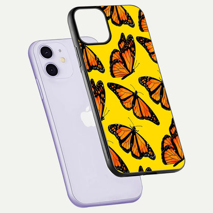 Golden Wing Flight Glass Case for iPhone 11 floating dual-view mockup showing gloss reflection and luxury tone