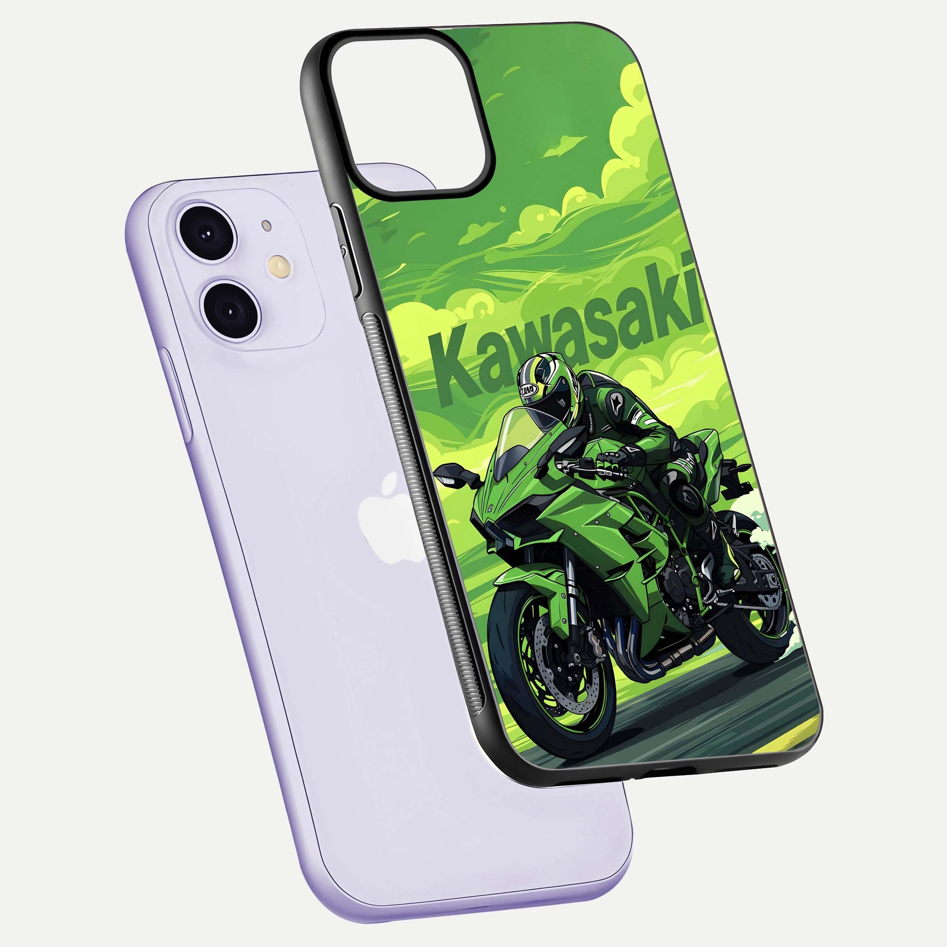 Green Kawasaki Glass Case for iPhone 11 floating dual-view mockup showing gloss surface and power-bike theme