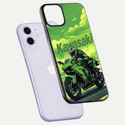 Green Kawasaki Glass Case for iPhone 11 floating dual-view mockup showing gloss surface and power-bike theme
