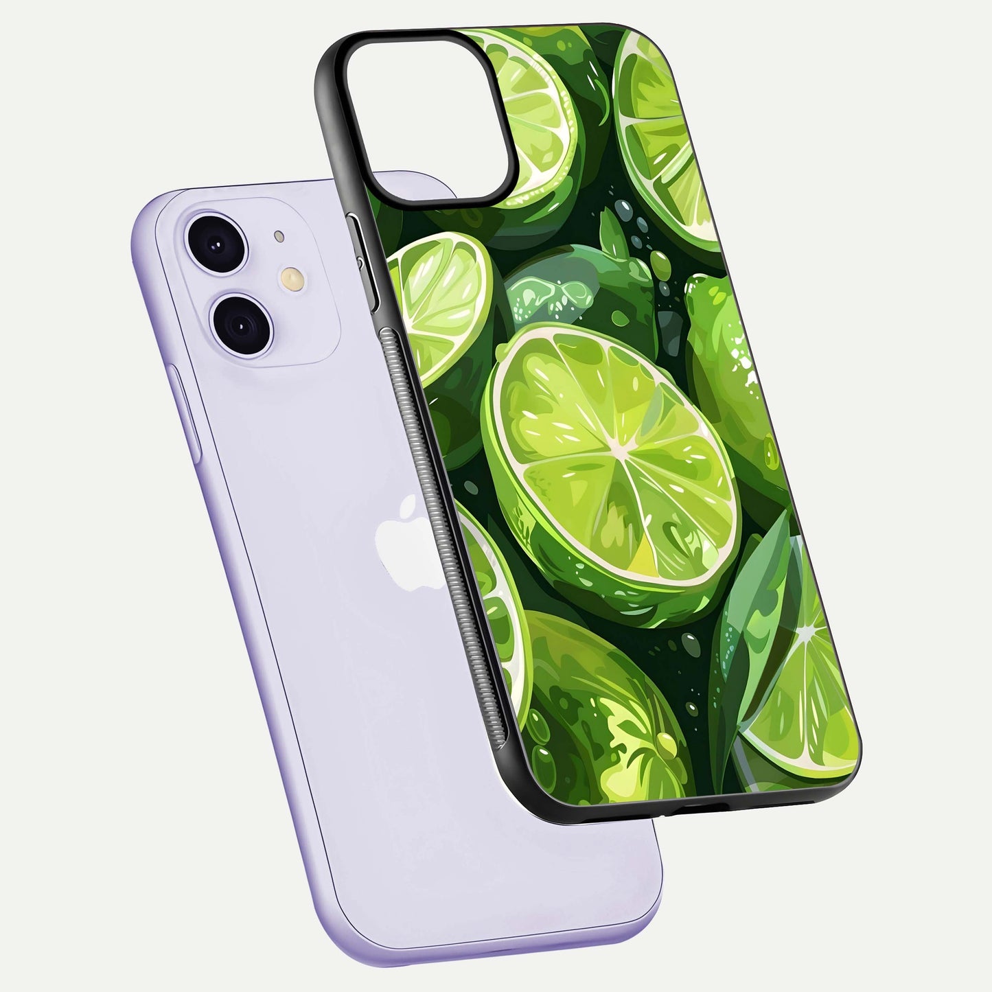 Green Lemon Glass Case for iPhone 11 floating dual-view mockup showing glossy surface and fruity freshness