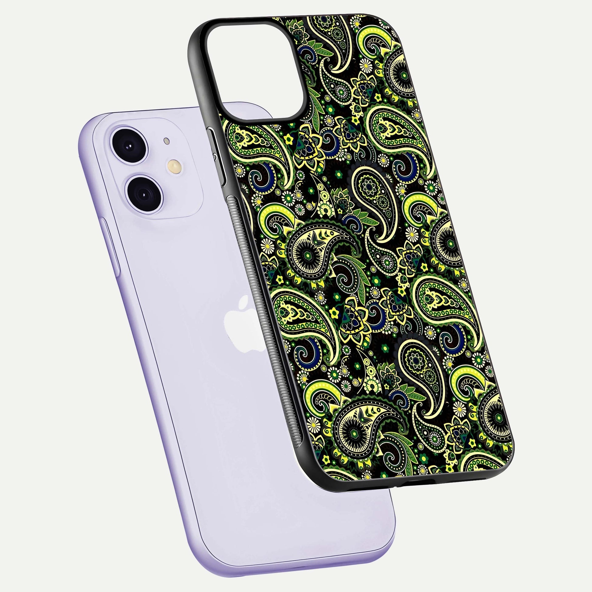 Green Mandala Pattern Glass Case for iPhone 11 floating dual-view mockup showing gloss texture and symmetry shine
