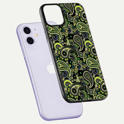 Green Mandala Pattern Glass Case for iPhone 11 floating dual-view mockup showing gloss texture and symmetry shine